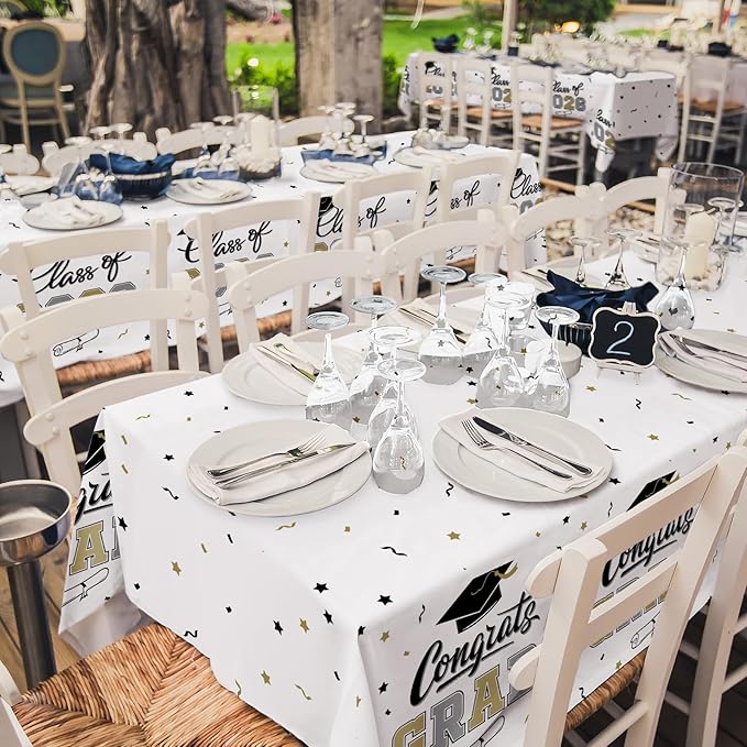 Gatherfun 2026 Graduation Decorations : 2-Pack Congrats Grad Disposable Tablecovers - Class of 2026 White Themed Table Cloths, for Graduation Party Supplies & Graduation Backdrop, 54" X 108"