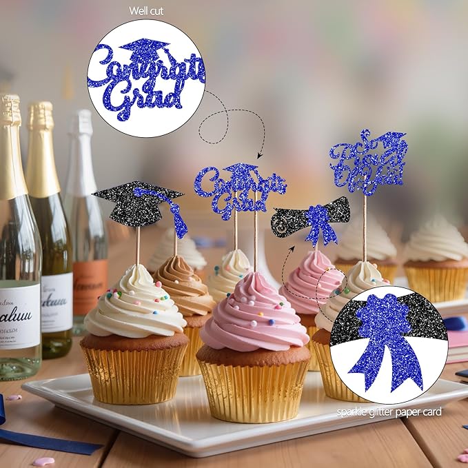 24Pcs Black Blue Graduation Cupcake Toppers 2026, Glitter Grad Cap Diploma Congrats Grad We Are So Proud of You Cupcake Toppers for Class of 2026 Graduation Party Decorations.