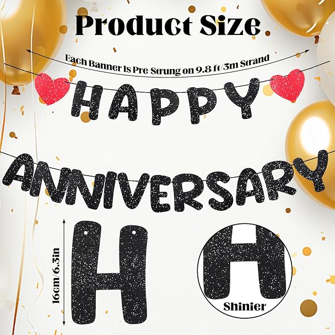 Happy Anniversary Decoration Glitter Anniversary Party Decorations Romantic Decorations Wedding Party Banner No DIY Pre-strung Happy Anniversaries Banner for Decoration Supplies Birthday Door(Black)