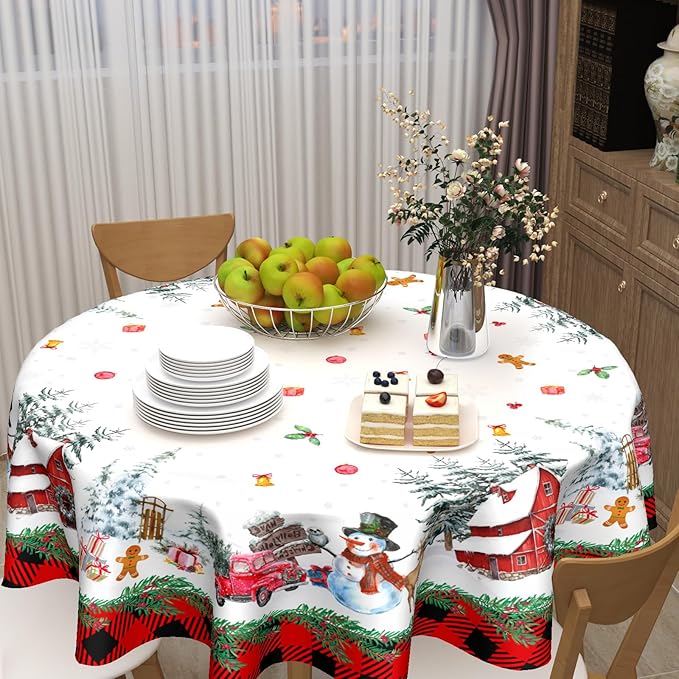 Christmas Round Tablecloth 70 Inch Xmas Snowman Pattern Circle Table Cloth Red Plaid Tablecloth Winter Table Cover Washable Polyester Decor for Home Kitchen Dinning Party