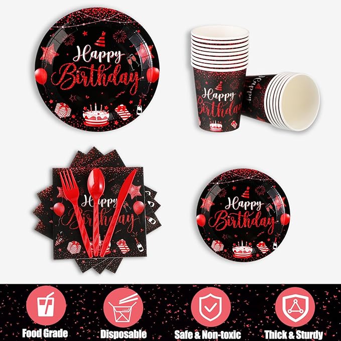 Vesici 171 Pcs Happy Birthday Party Supplies 24 Set Disposable Party Tableware include Plates Cups Napkins Cutlery and Banner Tablecloth Birthday Dinner Decorations for Men Woman(Black, Red)