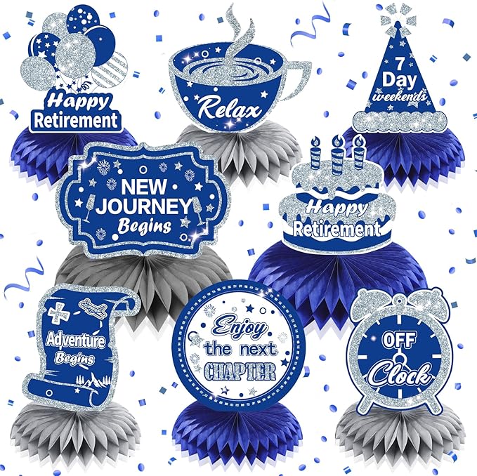 RUMIA 8pcs Navy Blue Silver Retirement Letter Print Honeycomb Centerpieces for Retirement Parties