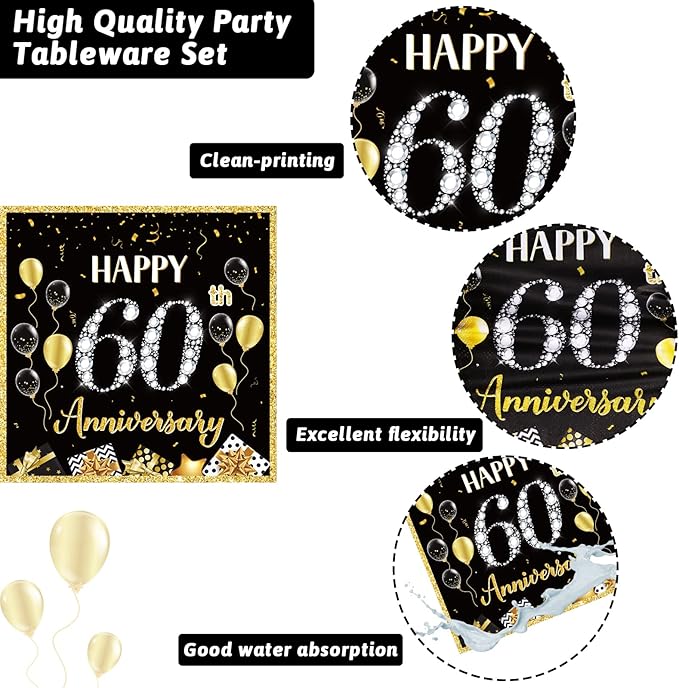 chiazllta 96 Pcs 60th Wedding Anniversary Party Paper Plate and Napkins Supplies Gold Black Disposable Tableware Anniversary Party Paper Plates Napkins Supplies for Party Favors 24 Guests