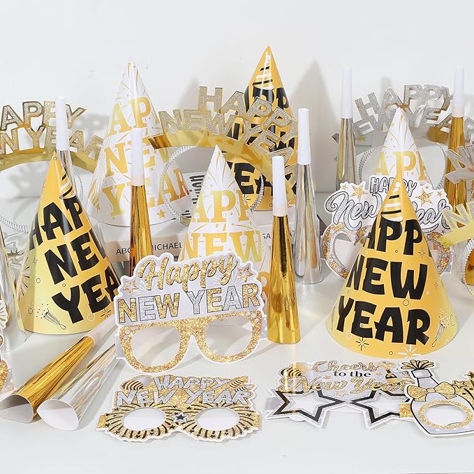 YVAINE 2026 New Year Eve Party Supplies 36pcs Gold Silver Years Eve Decorations Kit - Happy New Year Paper Glasses Headband Cone Hats Noisemaker for 2026 Happy News Year Eve Party Supplies