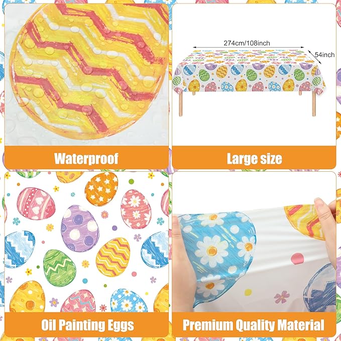 4 Pack Easter Plastic Tablecloth 54 x 108 Inch Oil Painting Easter Eggs Disposable Table Cloth Colorful Eggs Flowers Rectangle Table Covers for Spring Party Tables Decoration Home Kitchen Supplies