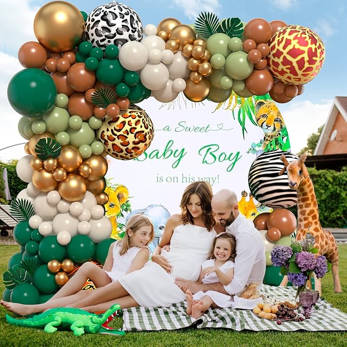 Safari Balloon Garland Arch Kit, JOGAMS 163Pack Jungle Balloon Arch with Sage Green Brown Animal Printed Balloons Leaves for Safari Wild One Jungle Theme Birthday Baby Shower Decorations for Boy