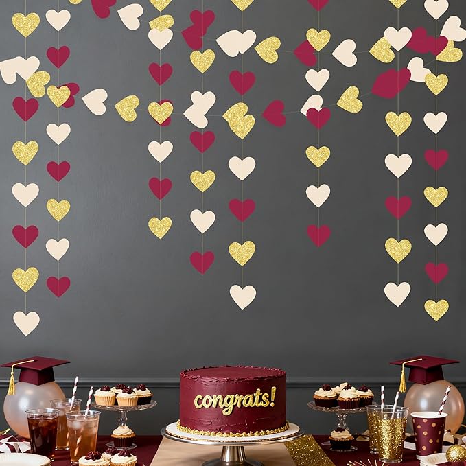 Maroon Gold Party Decorations Burgundy Beige Glitter Gold Paper Love Heart Hanging Banner Garland Streamer for Birthday Wedding Anniversary Engagement Valentines Day Graduation Garnet Party Supplies