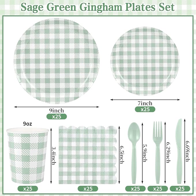 175 Pcs Gingham Paper Plates, Sage Green Baby Shower Decorations Include Sage Green Plates and Napkins Disposable Checkered Dinnerware Set for Bridal Shower, Wedding, Birthday