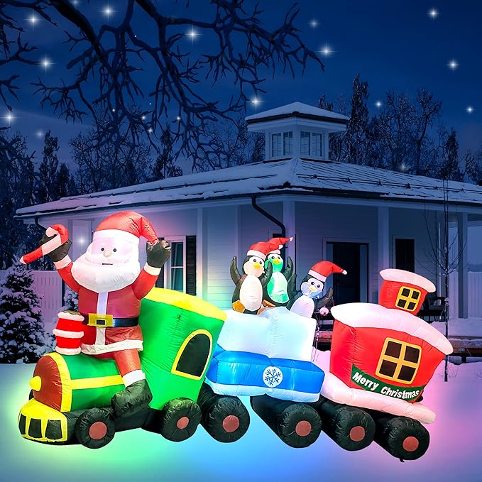 TRMESIA Christmas Inflatable Santa Train Decoration for Outdoor, 8ft Long Santa Claus Penguin Train Blow up Decoration with Flashing Lights Christmas Indoor Outdoor Yard Holiday Display Party Decor