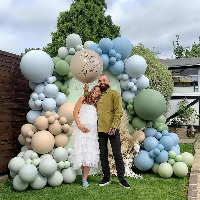 Dusty Blue Sage Green Balloons Garland Arch Kit, 117 Pcs Double Stuffed Fog Blue Light Blue Green Sand White Balloons for Baby Shower Bridal Shower Birthday Wedding Anniversary Ocean Party Decorations