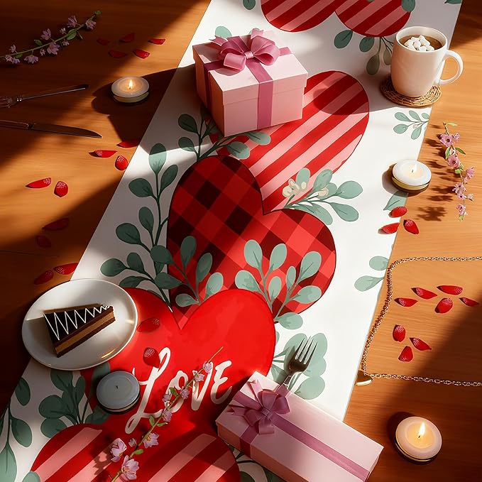 Valentines Day Decorations - Heart Table Runner | Valentines Day Decor Party Supplies Favors - Galentines Day Decorations Holiday Banner for Home Kitchen Office
