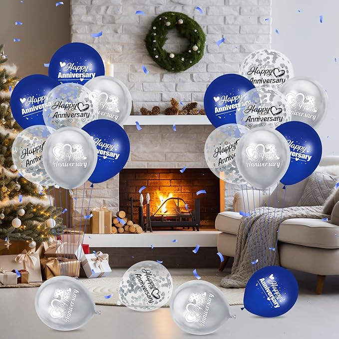 Happy Anniversary Balloons 18Pcs Blue Silver Party Decorations for Women Men 12Inch Metallic Confetti Balloons for Indoor Outdoor Party Supplies