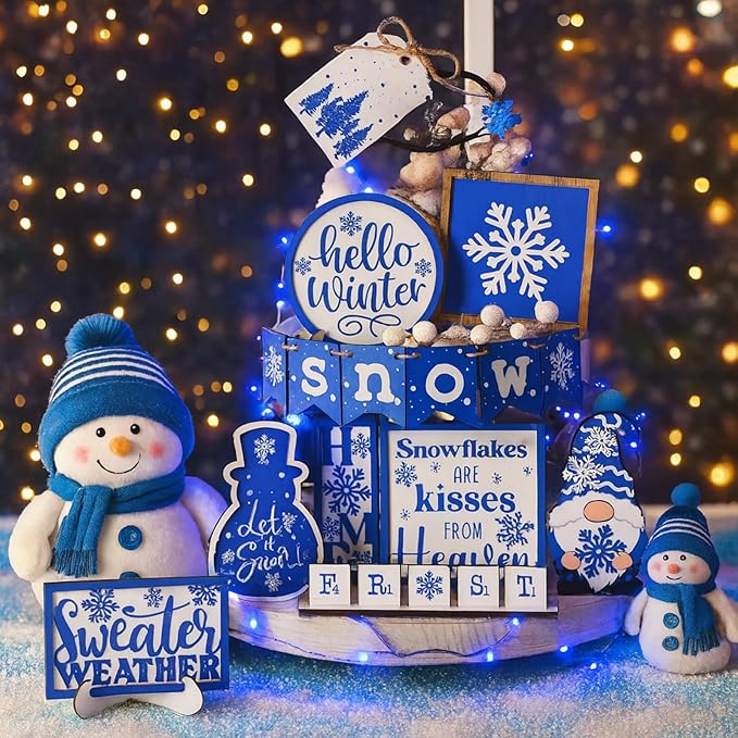 Winter Tiered Tray Decor Set Hello Winter Snowman Wooden Signs Snowflake Decorations Rustic Farmhouse Blocks Sign for Home Table Harvest Holiday