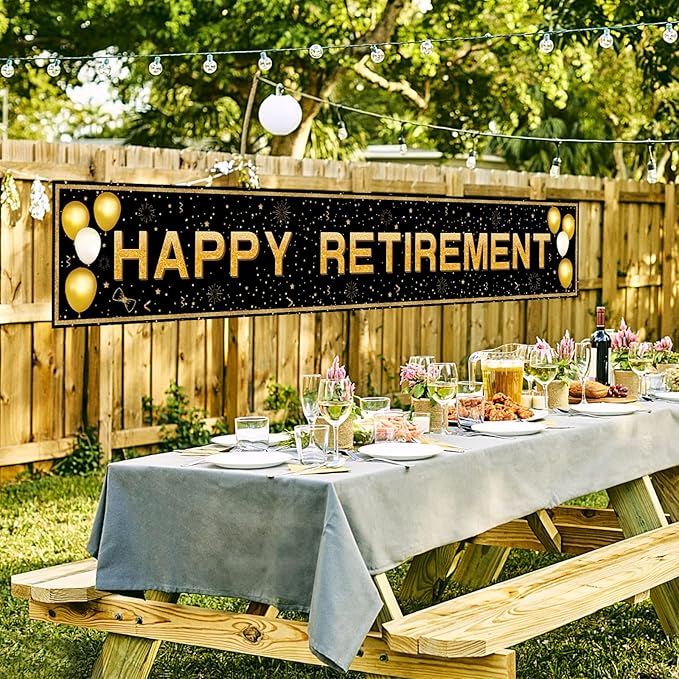 Retirement Party Decorations, Large Black and Gold Happy Retirement Banner, Retirement Party Decorations Men, Retirement Banner for Women (118" X 20")
