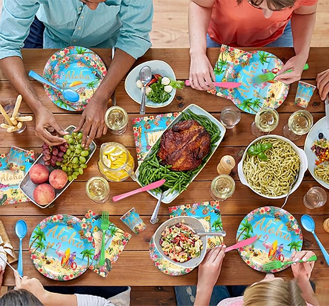 Hawaiian Luau Party Supplies Tableware Set - Tropical Flamingo Decorations Include Plates, Napkins, Cups, Cutlery, for Summer Beach Aloha Theme Party Supplies | Serves 24