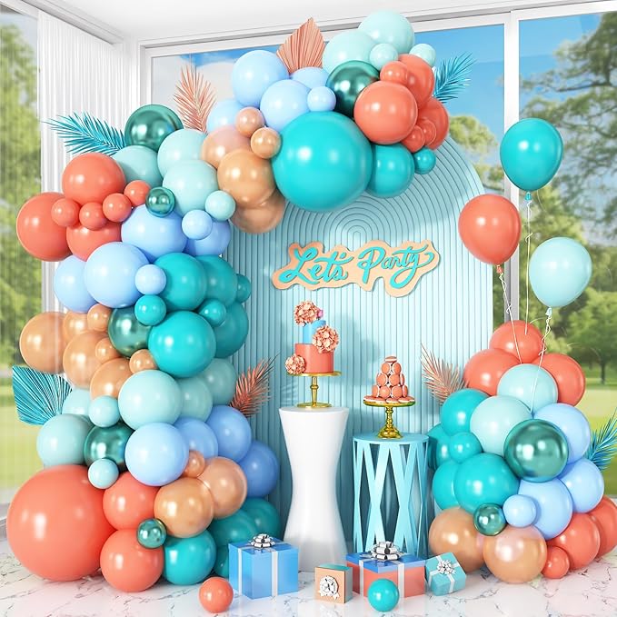 Tropical Balloon Arch Garland Kit with Rose Gold Blue Green Blush Balloons for Hawaii Baby Shower Birthday Theme Party Decorations