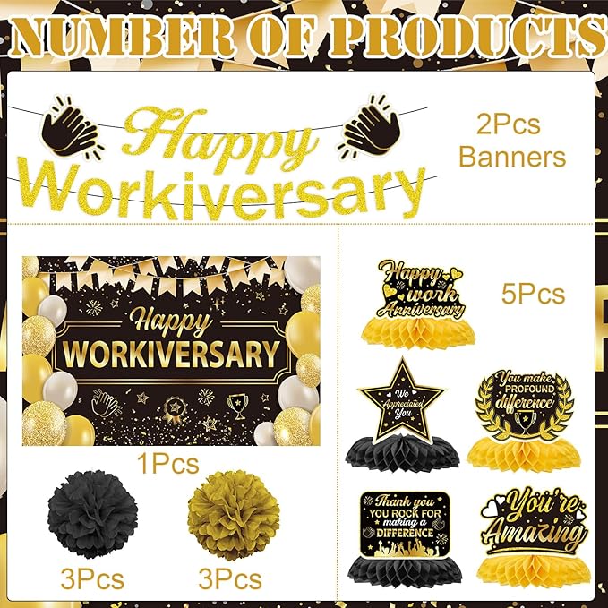 Happy Work Anniversary Decorations - 23PCS Glitter Happy Workiversary Banners Hanging Swirls Honeycomb Centerpieces Pompoms Backdrop, Office Appreciation Supplies Decor for Employee Worker