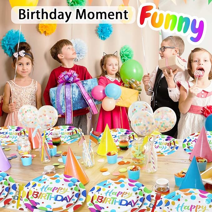 Multicolor Birthday Decorations Plates Set for 25 Guests, 100 Pieces Birthday Paper Plates Napkins Forks with Colorful Dots Design Tableware for Kids Boys Girls