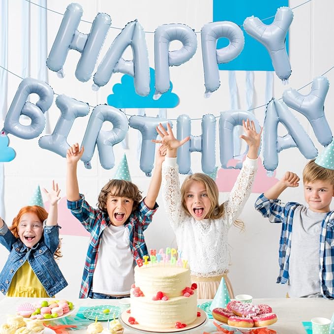 KALOR Pastel Blue Happy Birthday Balloons Banner, 16 Inch Mylar Foil Letters Balloon Sign for Birthday Party Decorations Photo Booth Backdrop
