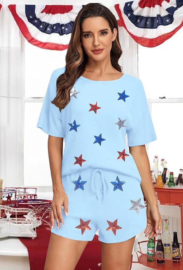 VILOVE 4th of July 2 Piece Sequin Outfits Women 250 Anniversary Usa Shirts and Short Sets Casual Patriotic Shirt Summer Set