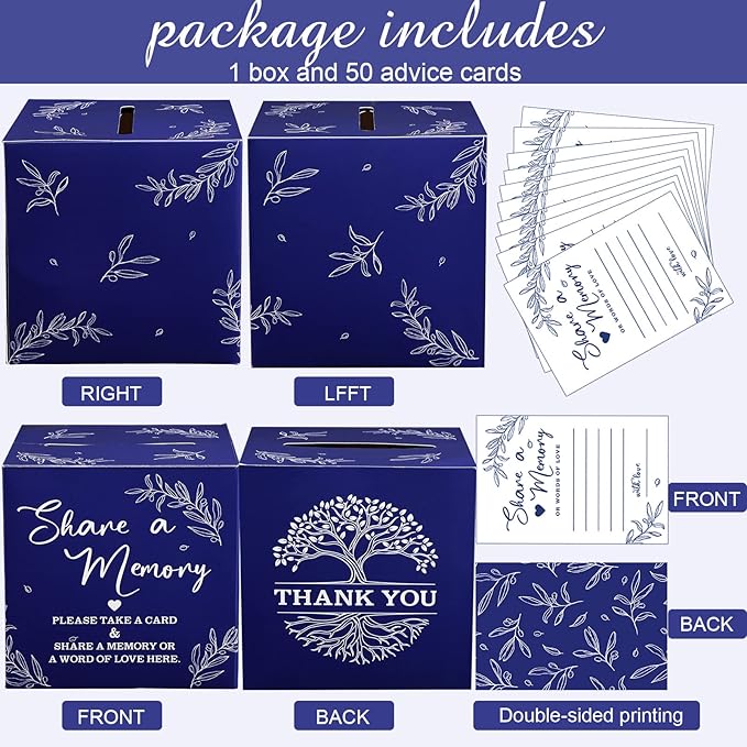 Pajean 50 Pcs Share a Memory Cards for Collections of Life, Memory Cards Box for Guest Ideas Funeral Graduation Wedding Bridal Shower Birthday Anniversary Retirement(Dark Blue)