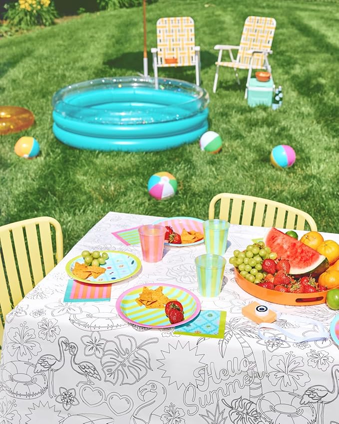 xo, Fetti Pool Party Paper Coloring Tablecloth - 9' x 4.5' | Summer Tablescape, Palm Tree Dinner Party Setting, Kids Birthday Decoration, Cute Tablecover, Beach Table DIY
