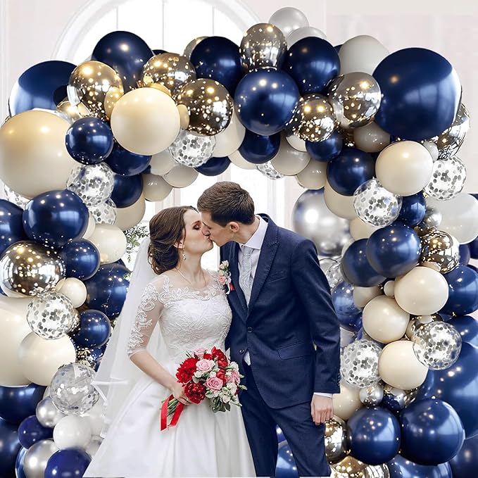 Navy Blue Silver Balloons Arch Kit, Double Stuffed Pearl White Royal Dark Blue Silver Chrome with Confetti Balloons Garland Kit for Birthday Wedding Graduation Father's Day Decorations