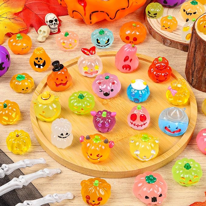 36 Pcs Halloween Luminous Mini Resin Pumpkin Figures Fall Small Resin Pumpkin Decoration Glow in The Dark Artificial Pumpkin Miniatures to Hide for Crafts Dollhouse Halloween Party Home Table Decor
