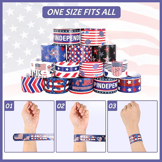 MGparty 4th of July Accessories, 48PCS Patriotic Slap Bracelets Toys for Kids, Fourth of July Decorations Party Favors Memorial Day Supplies Classroom Prizes Gifts Accessories