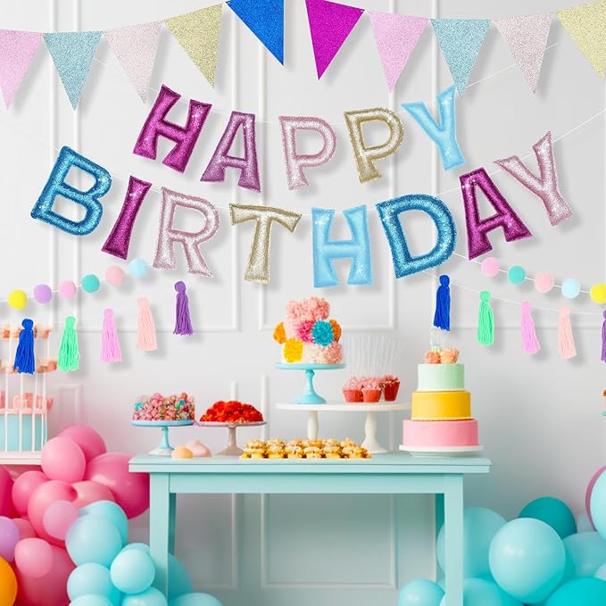 5 Pcs Pre-strung Unicorn Glitter Happy Birthday Banner Set, Felt Happy Birthday Garland with Ball Garland, Pennant Flags and Tassels, Birthdays Party Decorations for Kids and Adults