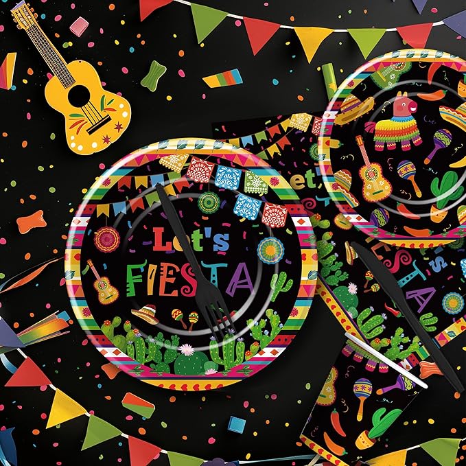 Mexican Fiesta Party Decorations Tableware - Fiesta Party Supplies, Plate, Cup, Napkin, Disposable Cutlery, Mexican Cinco De Mayo Decorations Dinnerware For Birthday Baby Shower | Serve 24