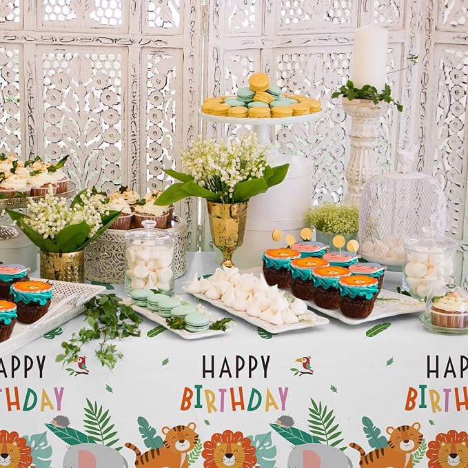Gatherfun Safari Theme Party Supplies Disposable Tablecloth Plastic Waterproof Table Cover for Jungle Safari Birthday Party Decorations, 3 Pack 54X108inch
