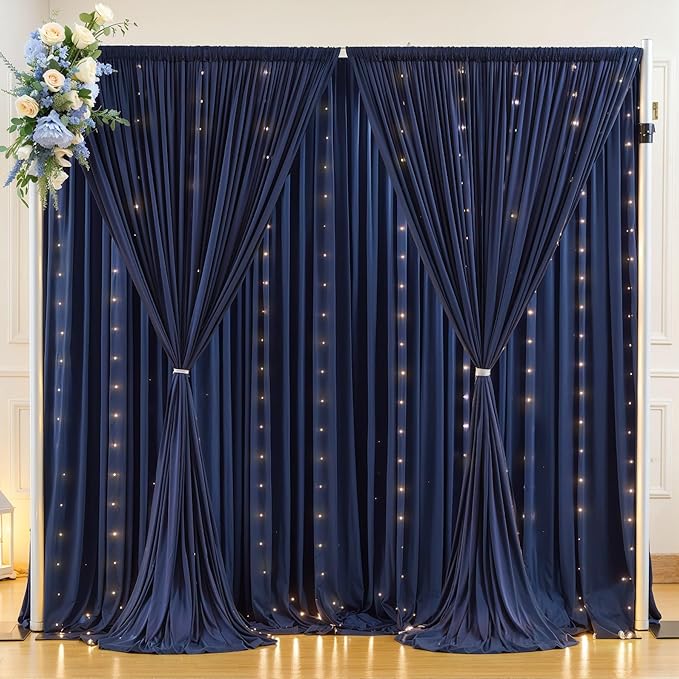 10 x 10ft Navy Blue Backdrop Curtains with Lights String for Wedding Polyester Photo Backdrop Drapes Wrinkle Free White Curtains Backdrop for Birthday Parties Reception Baby Shower Ceremony, 2 Panels