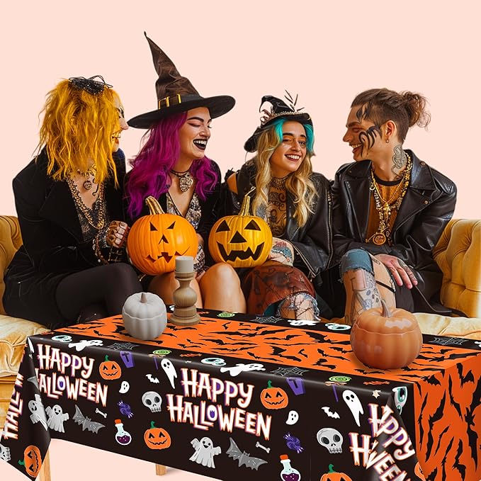 OHOME Halloween Decorations - 2 Pack Plastic Tablecloth for Halloween Party Decorations | Skeletons Bats Ghosts Pumpkin Table Decor for Outdoor Indoor Party Favors Supplies Backdrop Banner