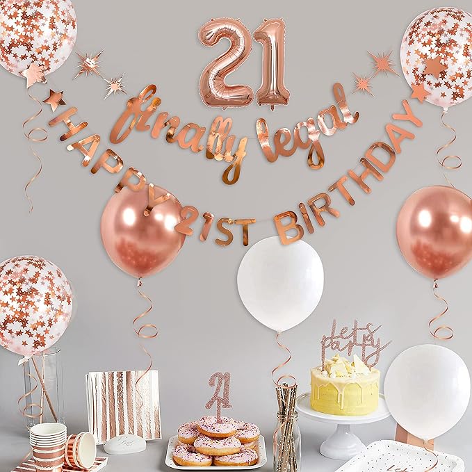Rose Gold Finally Legal Happy 21st Birthday Banner Garland Foil Balloon 21 for 21 Birthday Decorations Hanging Twenty One Bday Decor for Girls 21st Bday Decorations Party Supplies for Her