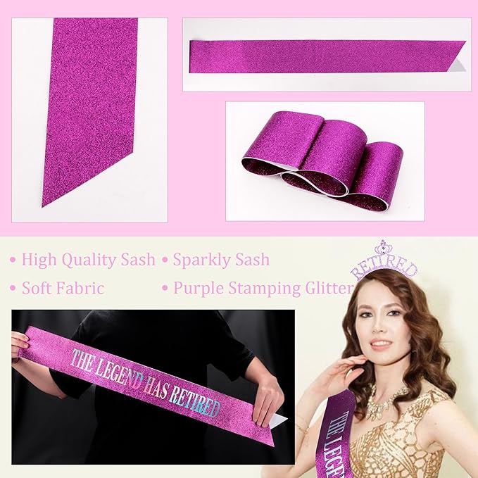 Retirement Gift for Woman Purple Retirement Sash And Crown Headband Retirement Party Decorations The Legend Has Retired Sash Elegant Cute Rhinestone Headband