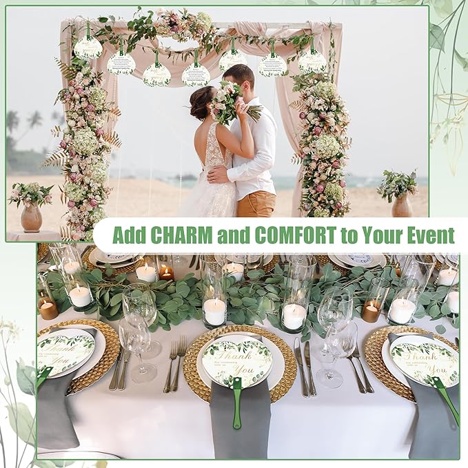 Aneco 120 Pieces Wedding Hand Plastic Fans with Wedding Table Sign Handheld Plastic Fan with Handle for Guests Bulk Wedding Hand Fans for Wedding Ceremony Bridal Shower, Green Leaves