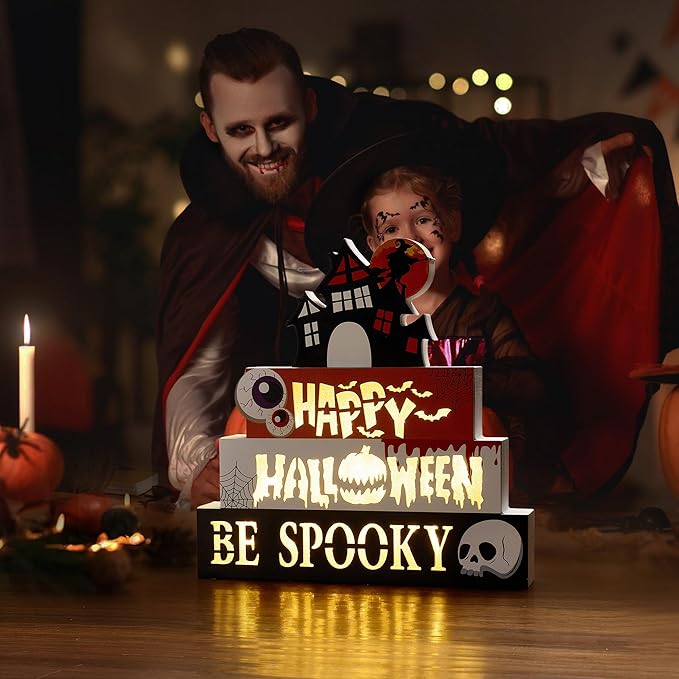 Halloween Decorations Indoor 9.4" 4-Tier Wooden Block Set with Glowing 3D Letters, Witch's House Topper, Battery Operated Spooky Halloween Décor Built-in Timer for Home, Mantel, Shelf, Table Decor