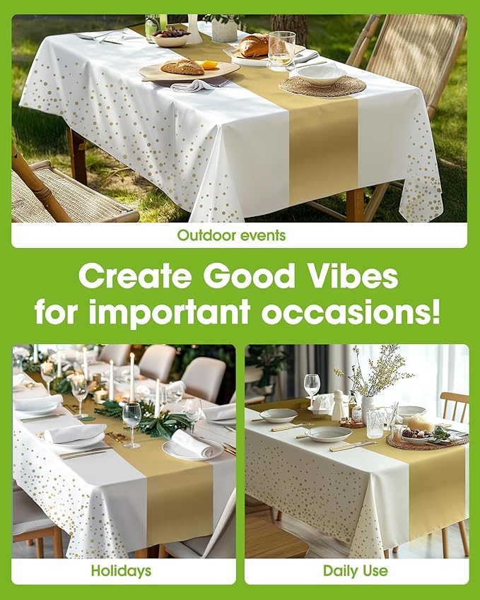 Pureegg Plastic Table Cloth Disposable 10 Pack, 54 x 108 Inch, Table Runner Style, Graduation Decorations 2026, Party Tablecloths, Rectangle, Plastic Cover, Leakproof & Sturdy, White Gold