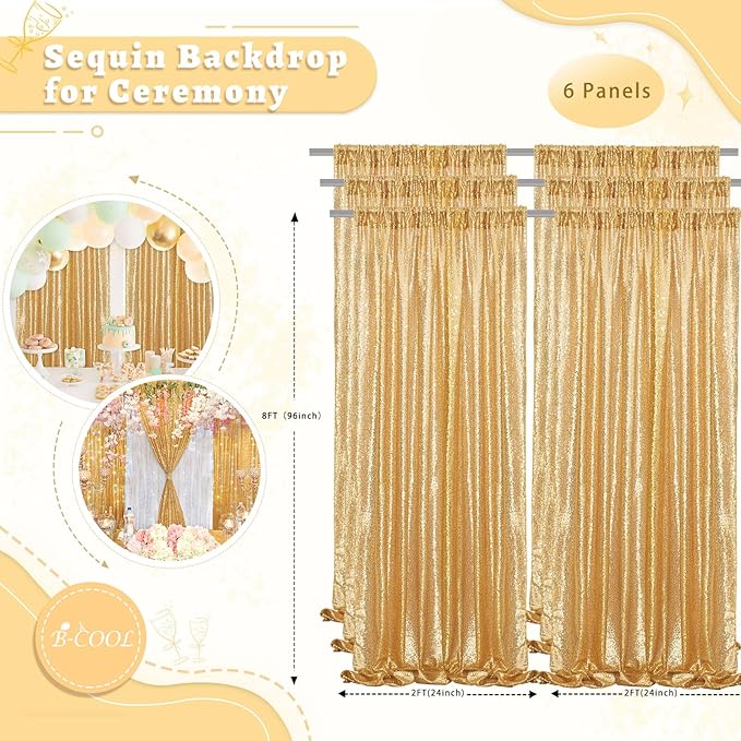 B-COOL Gold Sequin Backdrop Curtains: 6 Panels 2ftx8ft Christmas Curtains Background for Disco Xmas Party Wedding Photography Birthday Party Backdrop Decorations