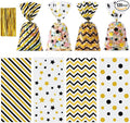 Aegero 120 Pack Black/Gold (wave dots/ wave stripes /diagonal stripes/Star Printed)Cellophane Treat Bags,10.63 x 5.12 Inch Plastic Candy Goodies Bags with 140 Pcs Twists for Valentine,Birthday,Bakery,Wedding,Gift Cookie Snack Packing,Party Favor Supplies