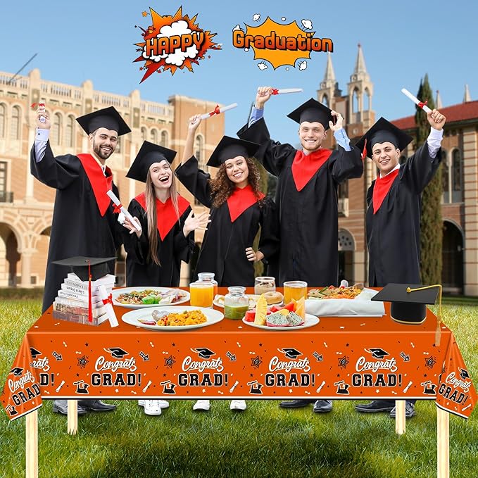 2 Pack Orange Graduation Tablecloth - Congrats Grad Table Cloths, Plastic Disposable Rectangle Class of 2026 Table Cover for Graduation Tables Decorations Party Decor Supplies Favors,108 x 54 Inch
