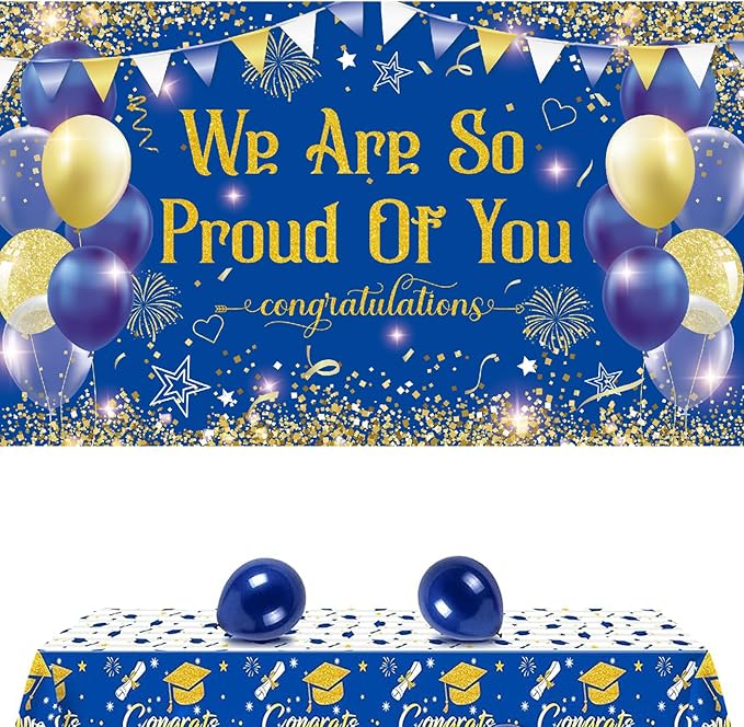 Blue Gold Congratulations We are So Proud of You Backdrop Banner Photography Background Hanging Party Supplies for Graduation Party Decorations Class of 2026 72.8 * 43.3in