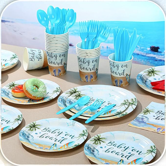 350 Pieces Baby on Board Party Decorations Supplies Tropical Summer Beach Party Tableware Set Baby Shower Party Dessert Plates Napkins Forks for 50 Guests