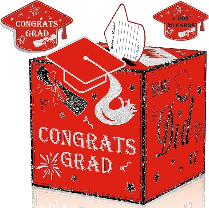 AYGXU graduation card box Holder 2026 with 30pcs graduation cards,Graduation party Decorations,graduation box for gifts and Cards,graduation money box,Graduation Party favors Supplies-red box