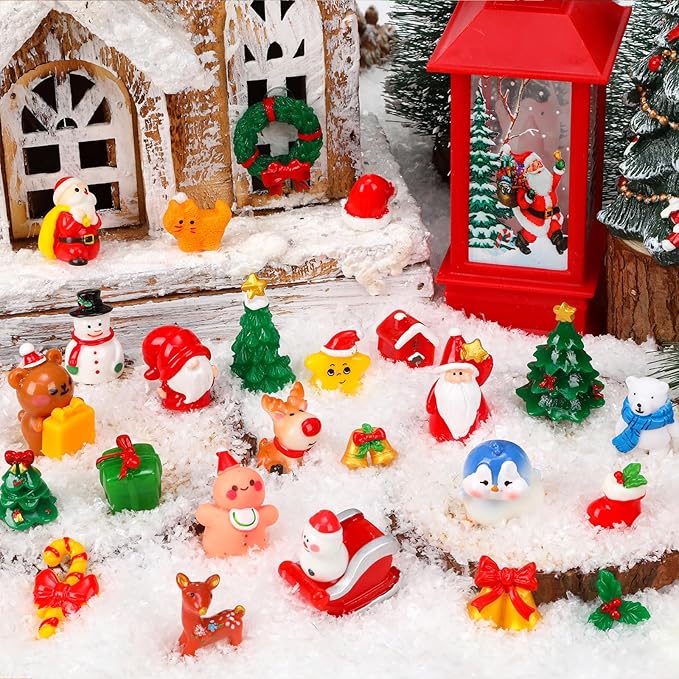 50Pcs Christmas Miniature Figurines 50 Style Christmas Mini Resin Crafts to Hide Tiny Small Santa Snowman Xmas Tree Reindeer Figurines for Xmas Stocking Goodie Bag Fillers Winter Party Dollhouse Decor