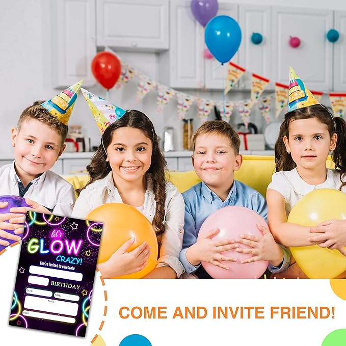 DETIHO 4" x 6" Glow Theme Birthday Party Invitation Cards With Envelopes - Let's Glow Crazy - Neon Party Invitation - 20 Sets - E22