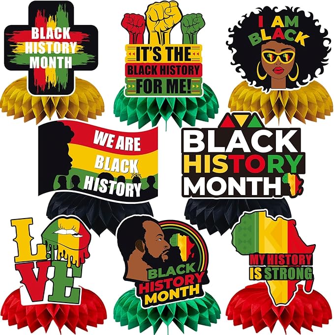 JULMELON 8PCS Black History Month Table Decorations, 3D Double Sided Black History Month Table Centerpieces, African American Black History Month Honeycomb Office Decor for Party