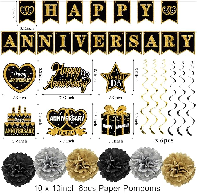 Happy Anniversary Decorations Kit - Black Gold Wedding Party Supplies - Large Banner, Backdrop, Table Centerpieces, Hanging Swirl, Paper Pompoms Decors