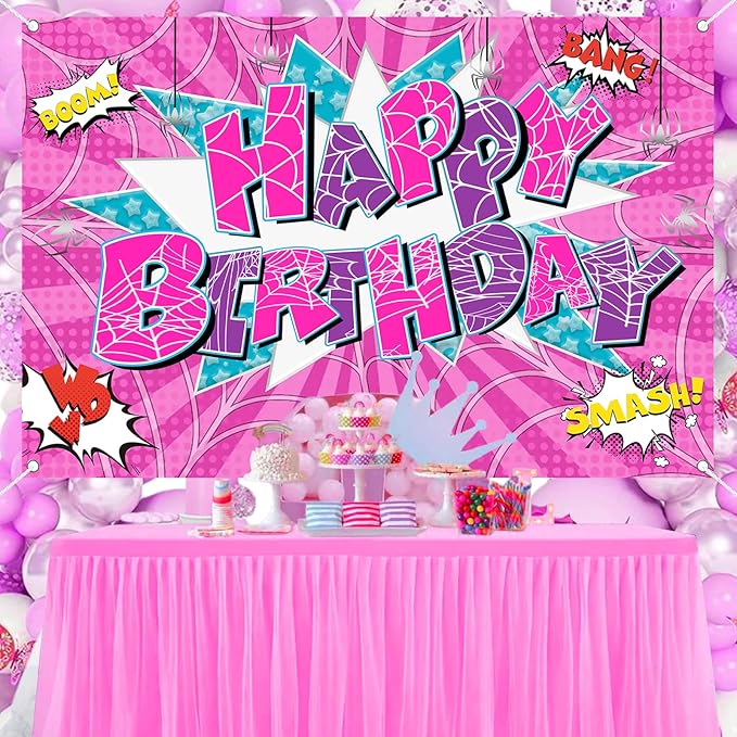 5x3ft Pink Spider Theme Backdrop Cartoon Photography Background Kids Boys Girls Birthday Party Decorations Photo Booth Banner Props